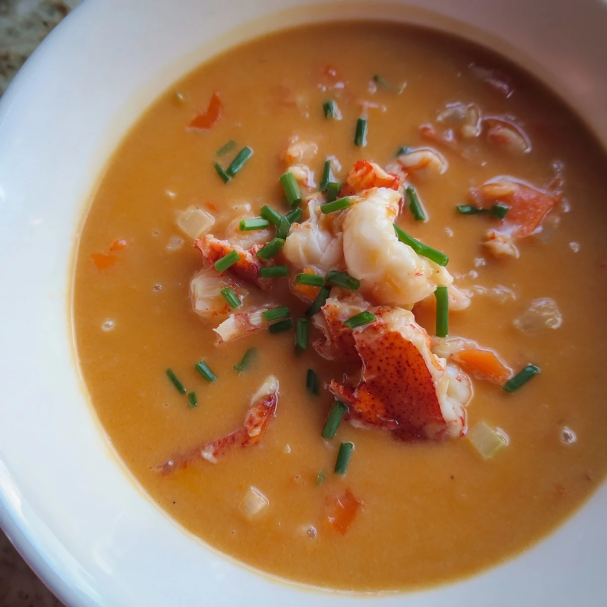 Rich Romantic Lobster Bisque with Sherry Vinegar served in a white ceramic bowl, steaming on a table.