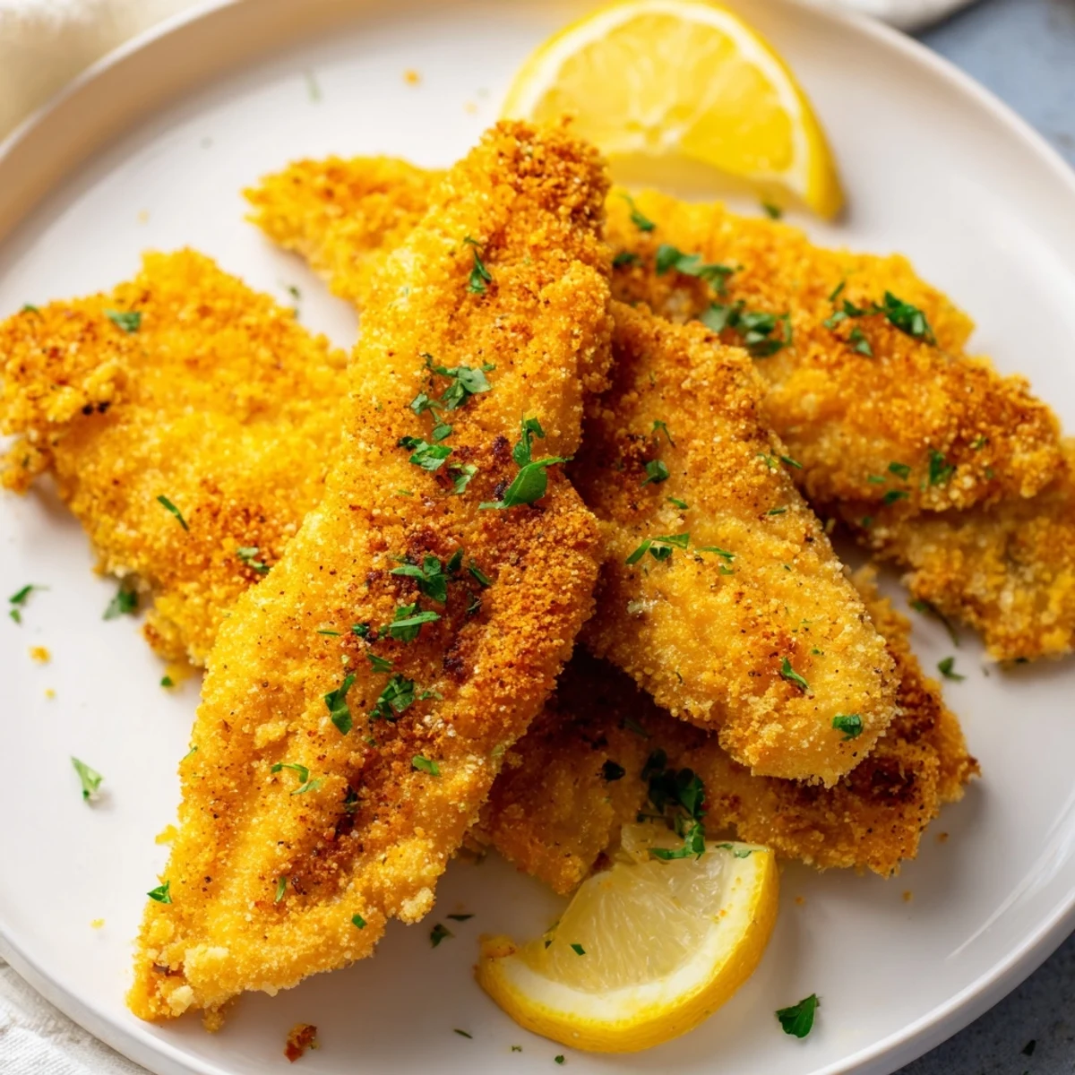 Golden-brown Louisiana Fried Catfish with lemon wedges on a rustic plate, crispy cornmeal crust visible under soft lighting.