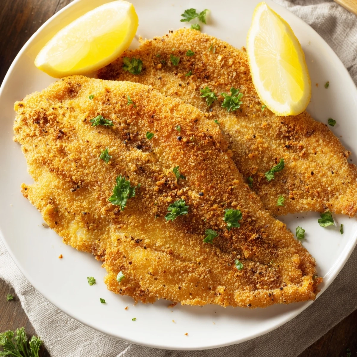 Freshly fried Louisiana Fried Catfish fillets, garnished with parsley and lemon wedges, served alongside creamy coleslaw.