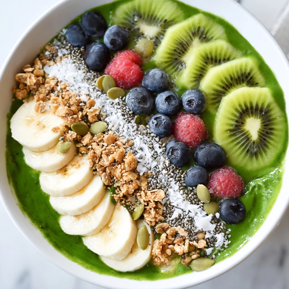 A vibrant green smoothie bowl with sliced kiwi, chia seeds, and banana for a nourishing breakfast.  
