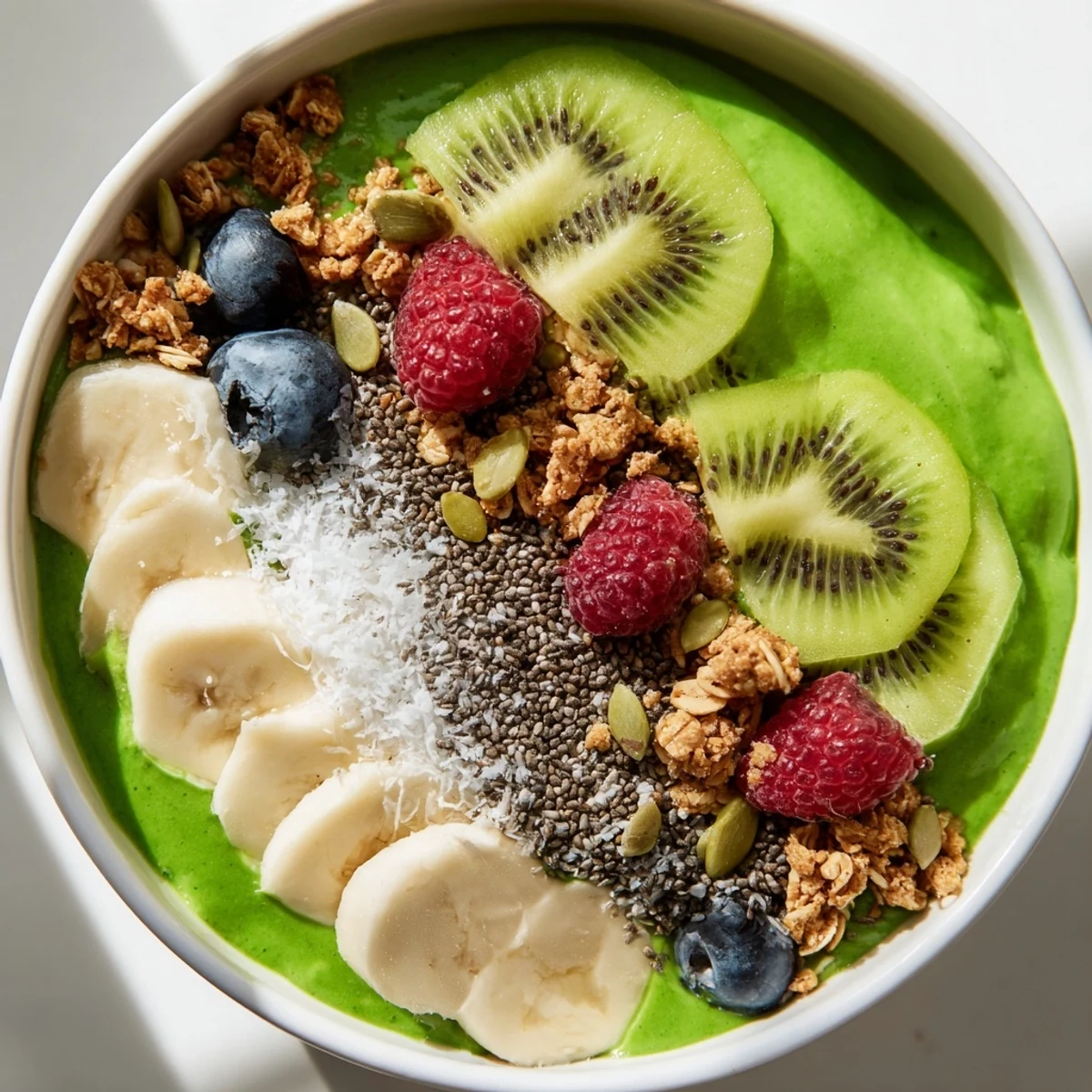 Close-up of a creamy vegan smoothie bowl topped with granola, berries, and coconut flakes.  