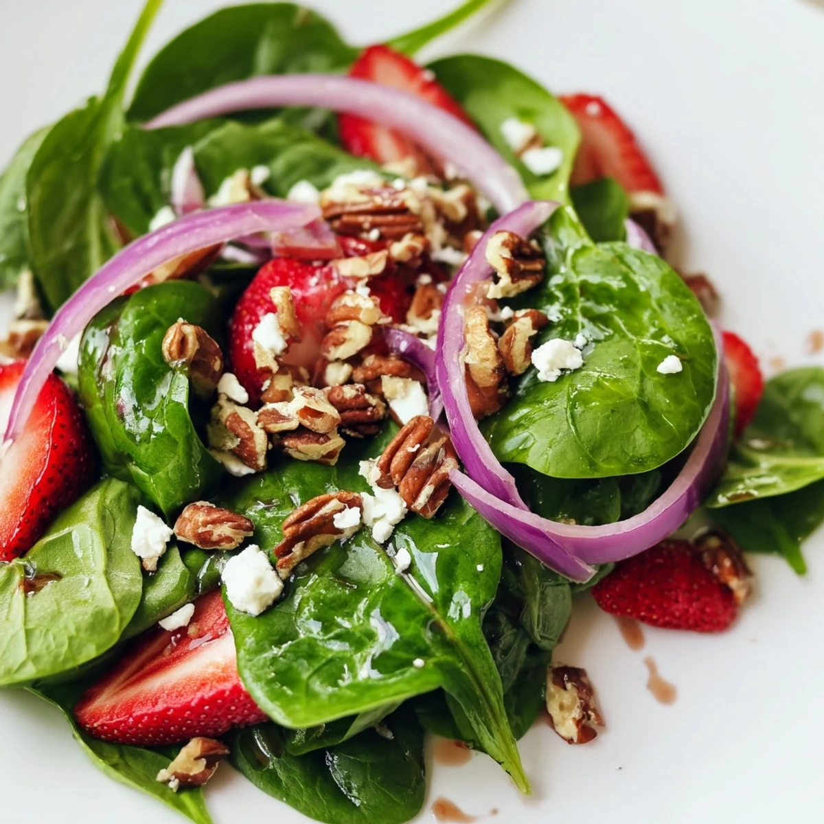 Fresh baby spinach and sliced sweet strawberries topped with crumbled feta cheese and crunchy pecans in a bowl.