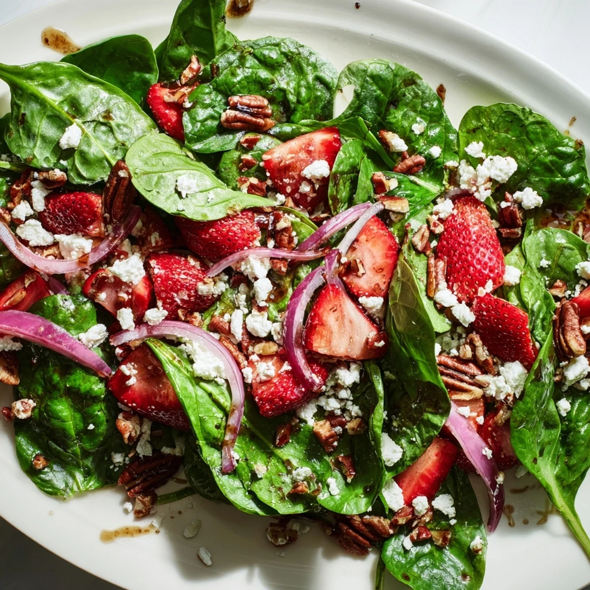 A vibrant spring salad bowl with juicy strawberries, tender spinach, feta, and chopped pecans tossed in tangy balsamic.
