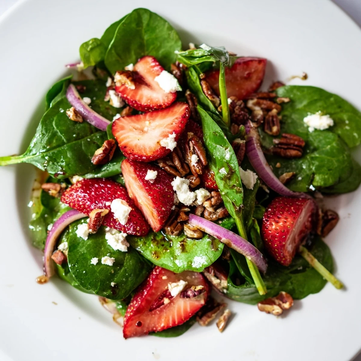 Tossed fresh strawberry spinach salad with red onion and cucumbers drizzled in homemade balsamic vinaigrette.