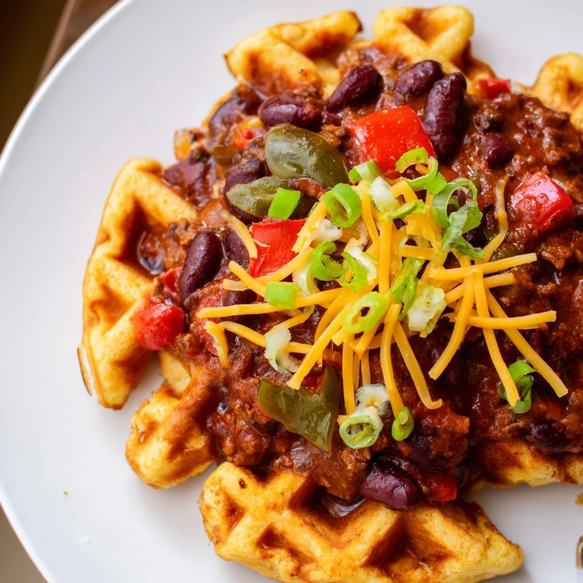 A close-up of Beef Chili with Cornbread Waffles, spooned over a golden waffle and topped with shredded cheddar and green onions.