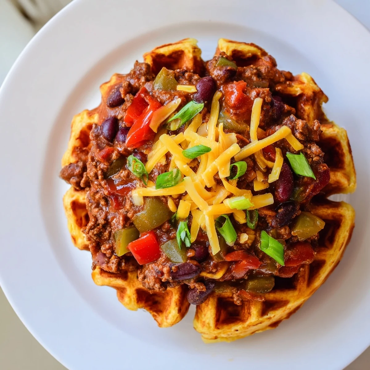 Rustic cast-iron skillet serving of Beef Chili with Cornbread Waffles, garnished with cilantro, sour cream, and a drizzle of hot sauce.