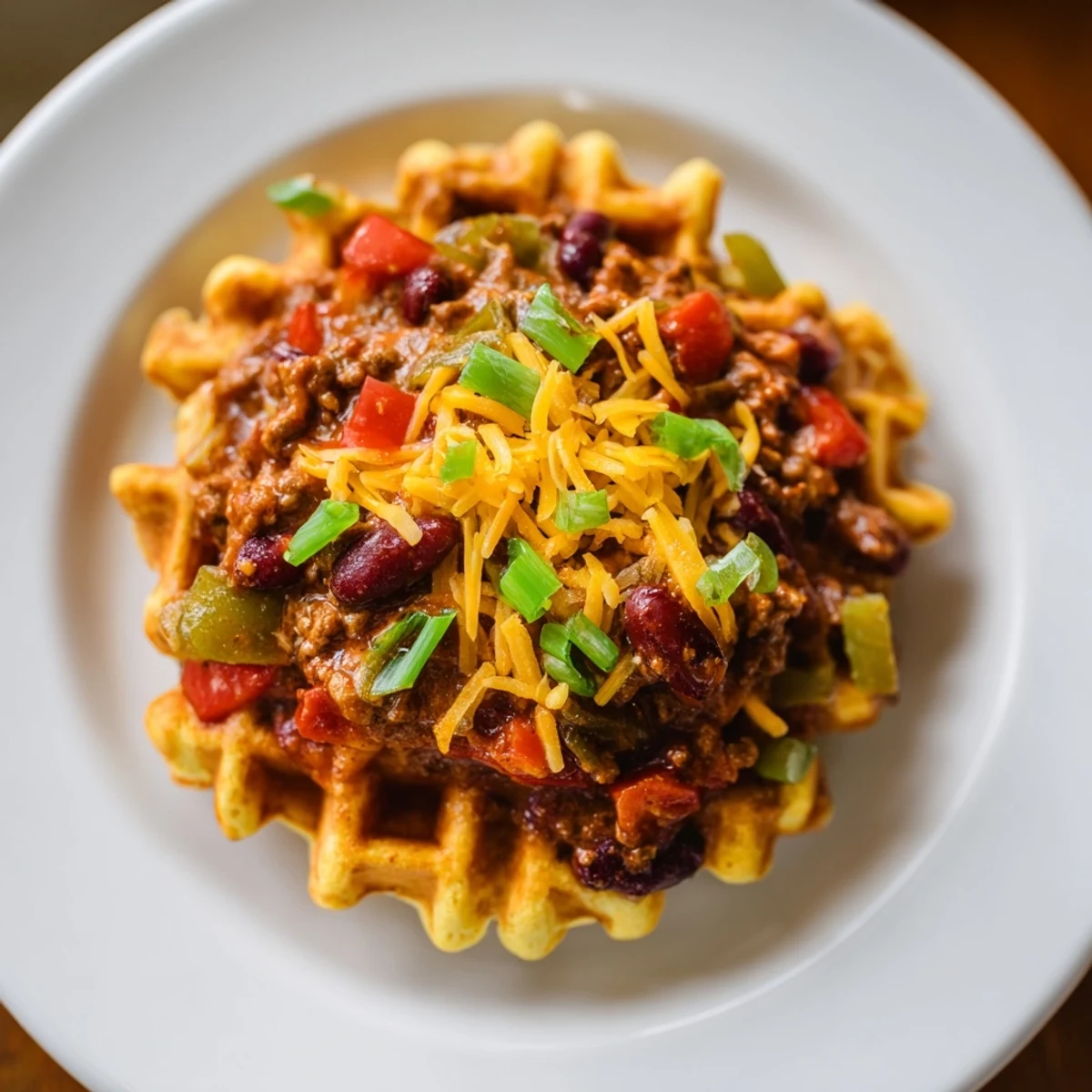 Steam rises from a hearty bowl of Beef Chili with Cornbread Waffles, featuring tender beef, beans, and crisp golden waffle edges.