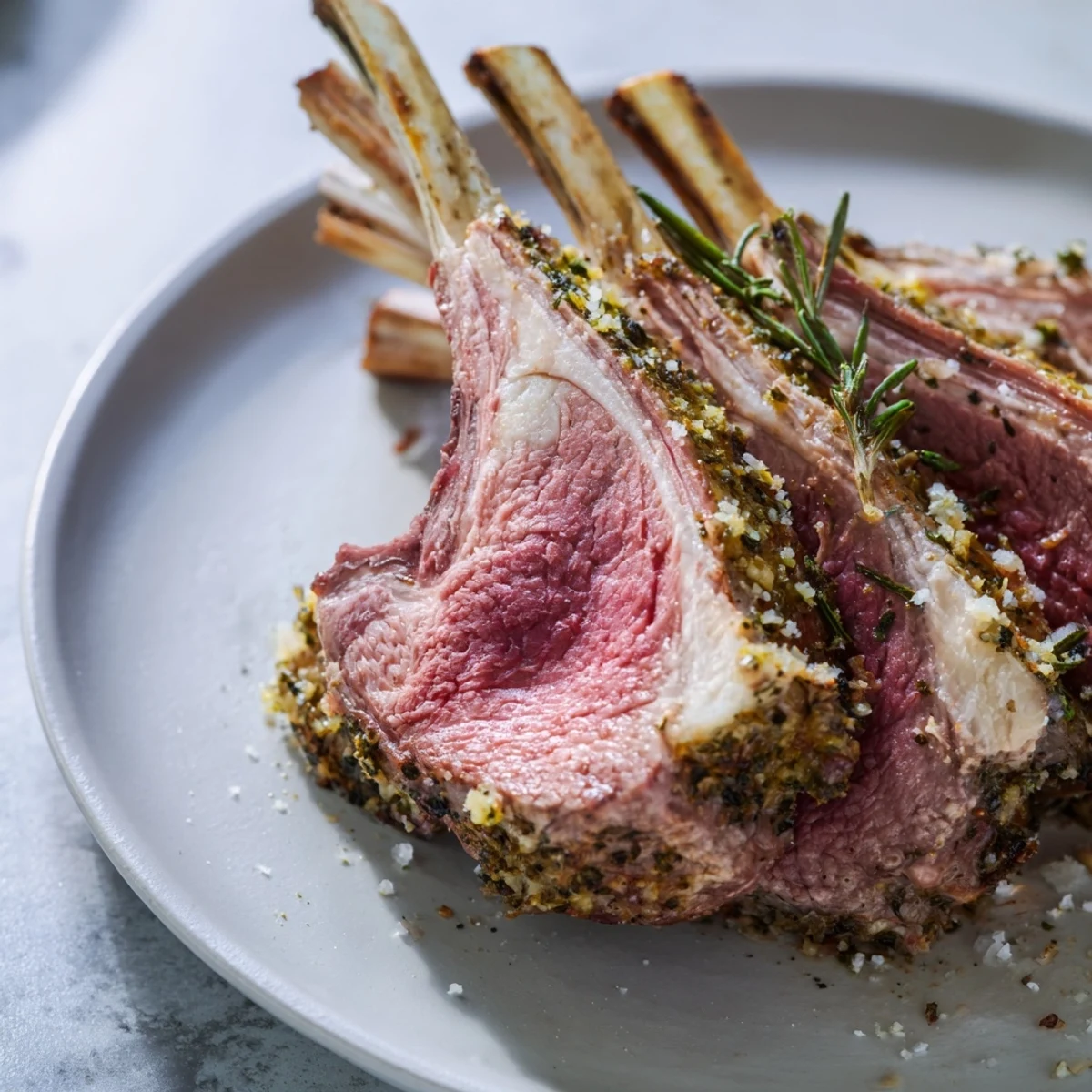 A beautifully roasted garlic herb rack of lamb, sliced into chops and served on a white platter, showcasing tender pink meat and a golden herb crust.