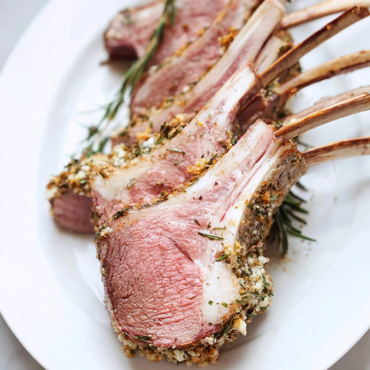 Garlic herb roasted rack of lamb glistens with rosemary and thyme on a rustic wooden board, ready to pair with red wine for a special occasion dinner.