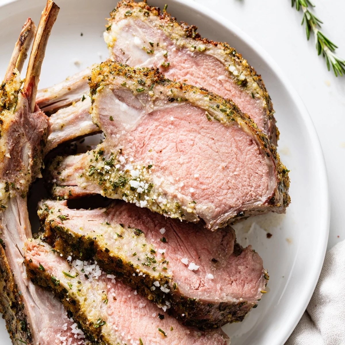 A close-up of succulent garlic herb roasted rack of lamb, resting under foil to lock in juices, with flaky sea salt sprinkled on top.