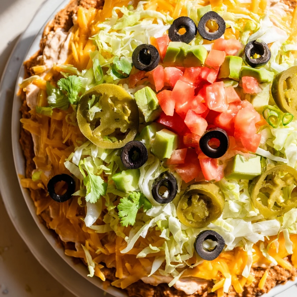 A bowl of Ultimate Layered Taco Dip topped with cheddar cheese, diced tomatoes, olives, and green onions, ready for a game day party.