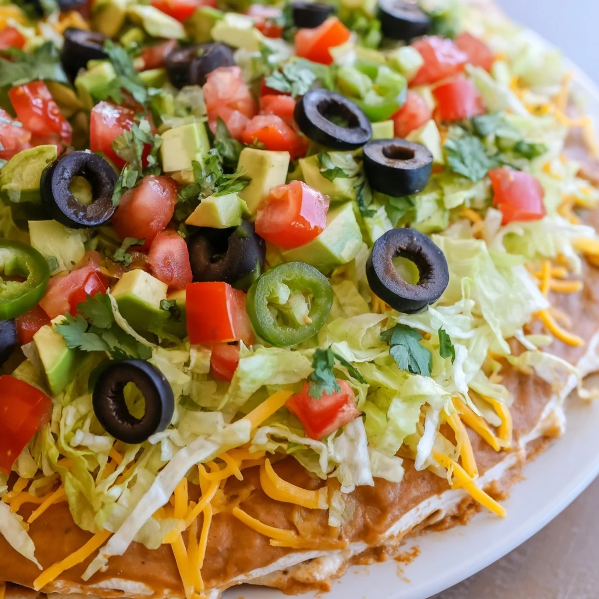 Ultimate Layered Taco Dip with creamy bean base, zesty salsa, and fresh avocado, enjoyed with crunchy tortilla chips for dipping.