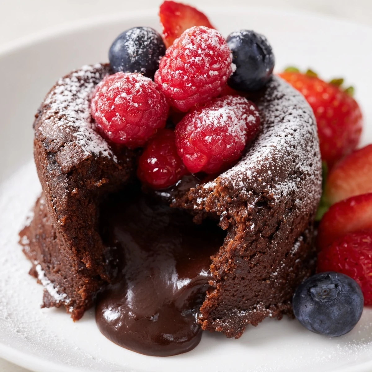Warm Valentine Chocolate Lava Cake oozes rich chocolate, dusted with powdered sugar beside fresh berries on a rustic plate.