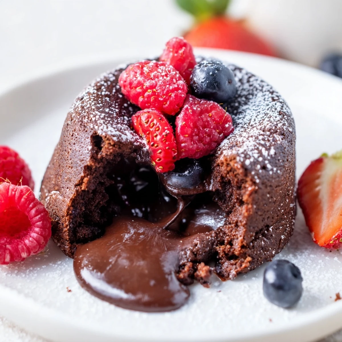 Decadent Valentine Chocolate Lava Cake with a gooey center, served with vibrant mixed berries and a dollop of whipped cream.