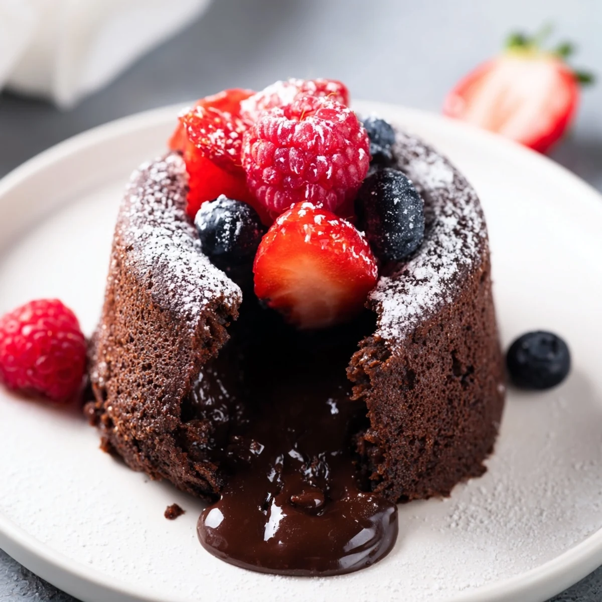 Golden-brown Valentine Chocolate Lava Cake sits on a dessert plate, topped with sweet raspberries and strawberries for a romantic treat.