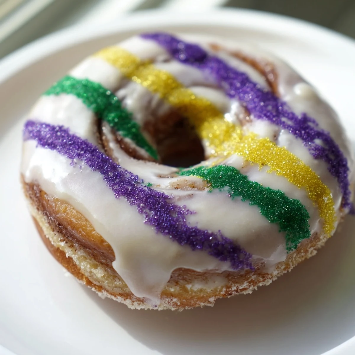 Plated Mardi Gras King Cake Donuts with a soft, cinnamon-swirled crumb and vibrant Mardi Gras-colored glaze, perfect for a festive dessert spread.