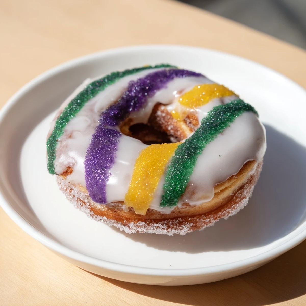 A close-up of Mardi Gras King Cake Donuts, showcasing golden-brown rings coated in a glossy vanilla glaze and dusted with purple, green, and yellow sugars.