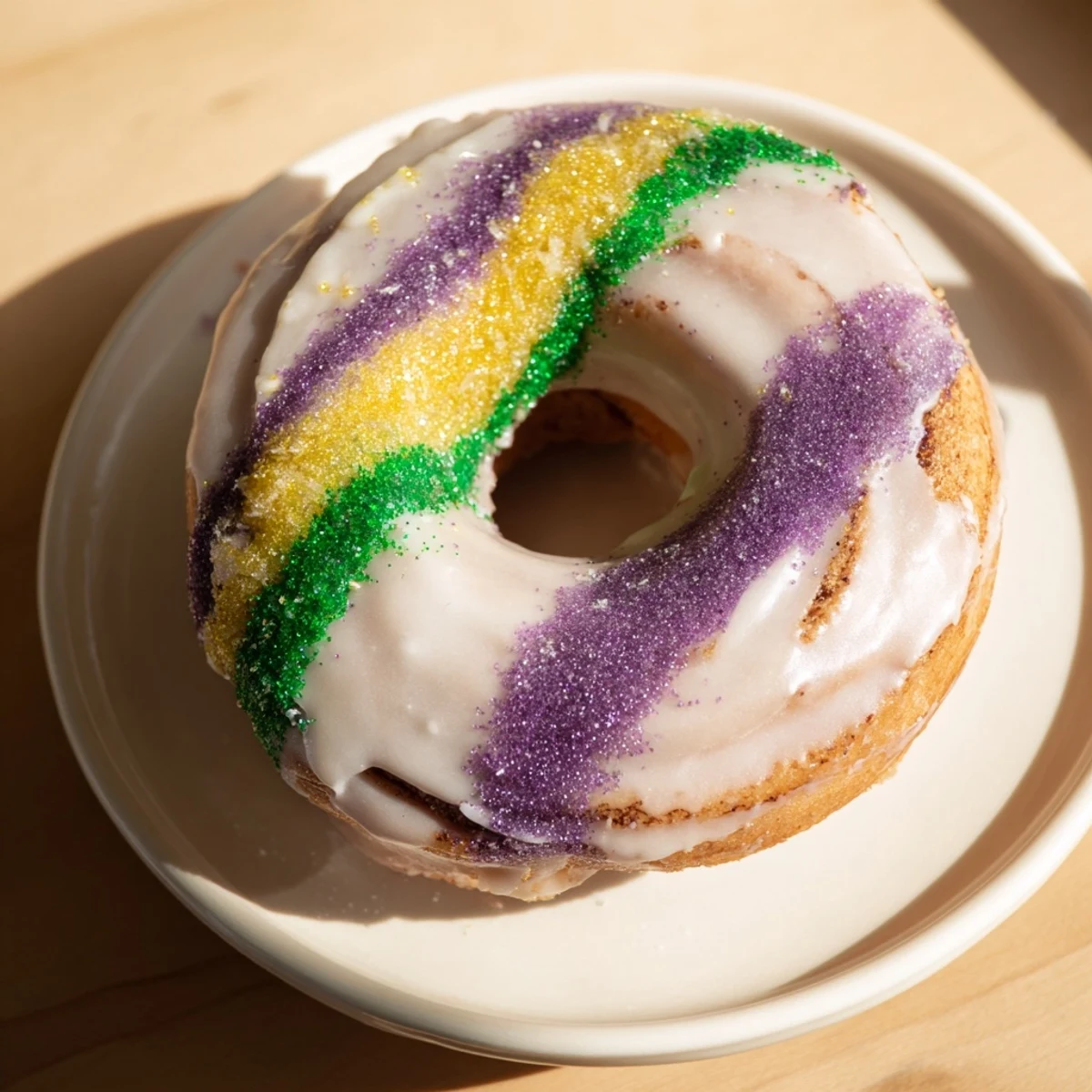 Freshly baked Mardi Gras King Cake Donuts on a cooling rack, dripping with sweet glaze and colorful sanding sugars for a Southern-inspired treat.