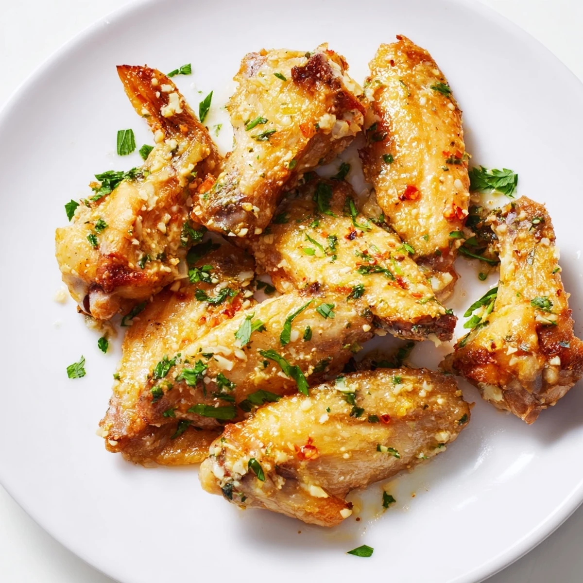 Golden brown, oven-baked chicken wings tossed in a warm garlic parmesan butter sauce, served fresh on a platter.