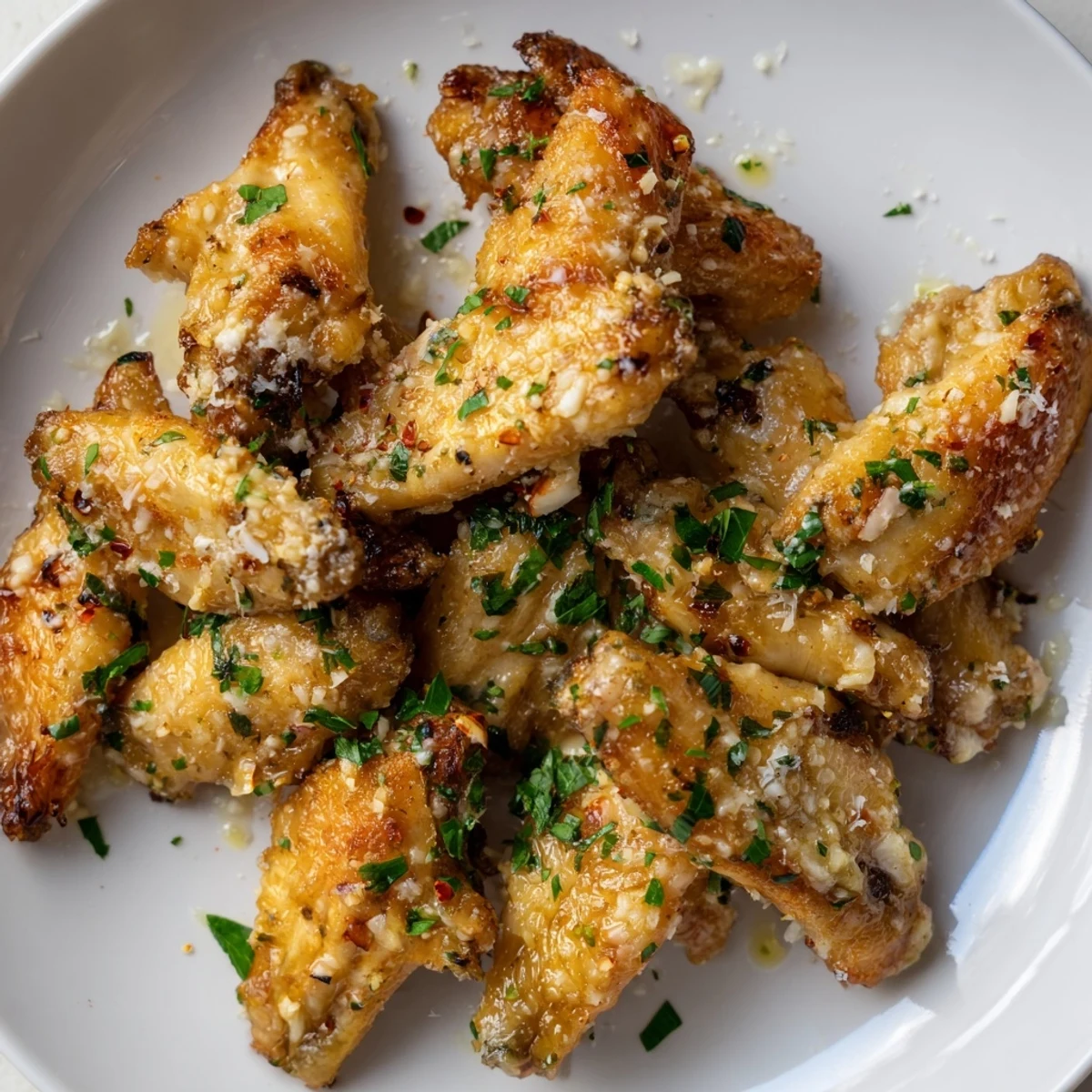Perfectly seasoned Crispy Baked Chicken Wings with Garlic Parmesan, ideal for a game day appetizer spread.