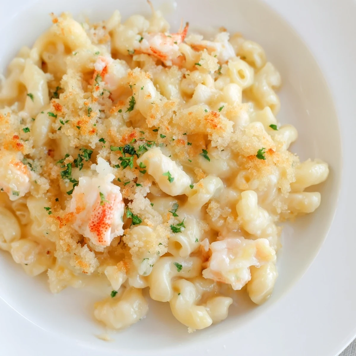 A close-up of Lobster Macaroni and Cheese with Breadcrumbs bubbling from the oven, featuring a golden, crunchy topping over creamy pasta.  