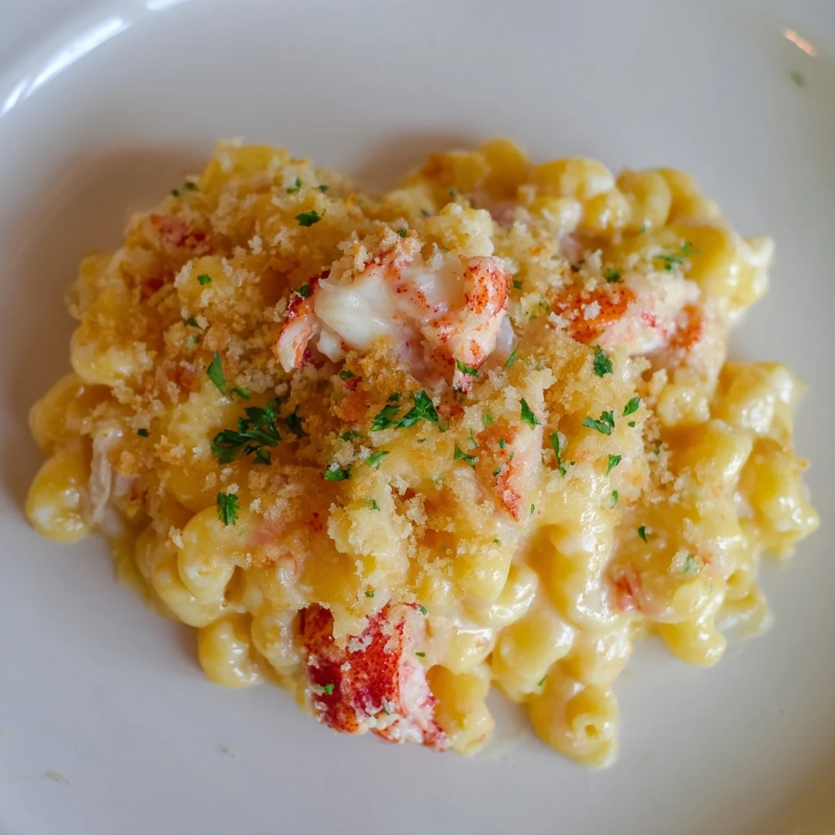 Golden-brown Lobster Macaroni and Cheese with Breadcrumbs served in a rustic dish, garnished with fresh parsley and steam rising.  