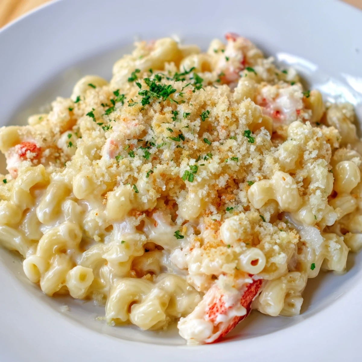Decadent Lobster Macaroni and Cheese with Breadcrumbs reveals tender lobster pieces and a velvety cheddar-Gruyère sauce under a crispy crust.