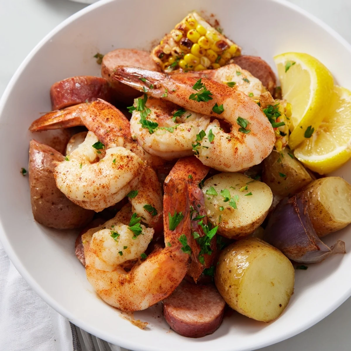 Golden roasted shrimp, tender baby potatoes, and sweet corn cobs glisten on the sheet pan, garnished with fresh parsley and lemon wedges for a zesty finish.  