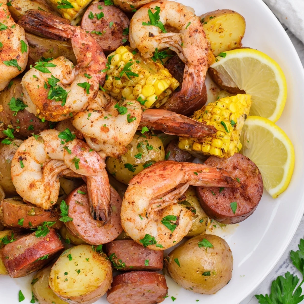 Freshly baked Sheet Pan Shrimp Boil with colorful vegetables and spices, steaming hot from the oven and perfect for an easy Southern-style dinner.