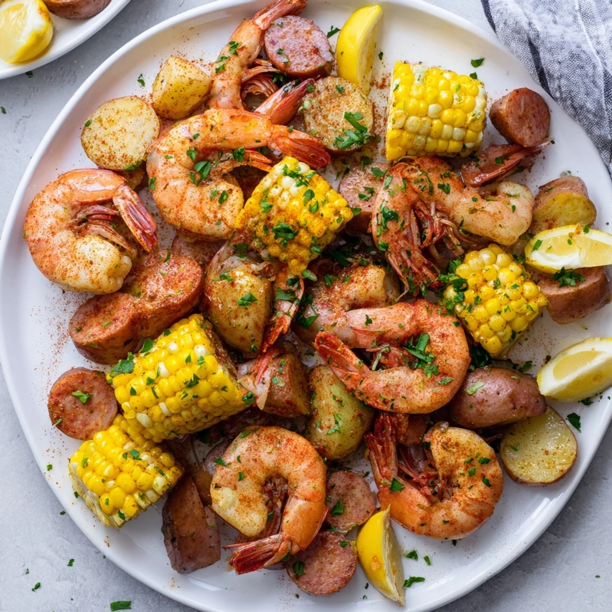A close-up of a vibrant sheet pan shrimp boil with juicy shrimp, charred corn, and smoky Andouille sausage, ready to serve with crusty bread.  