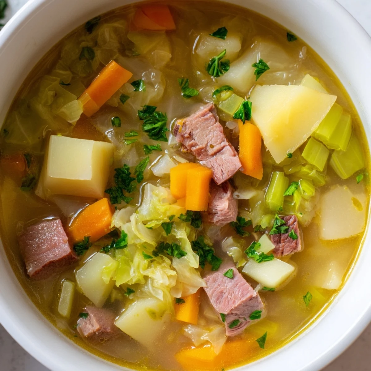 Golden broth showcases tender corned beef, chunky potatoes, and vibrant green cabbage in a hearty bowl.