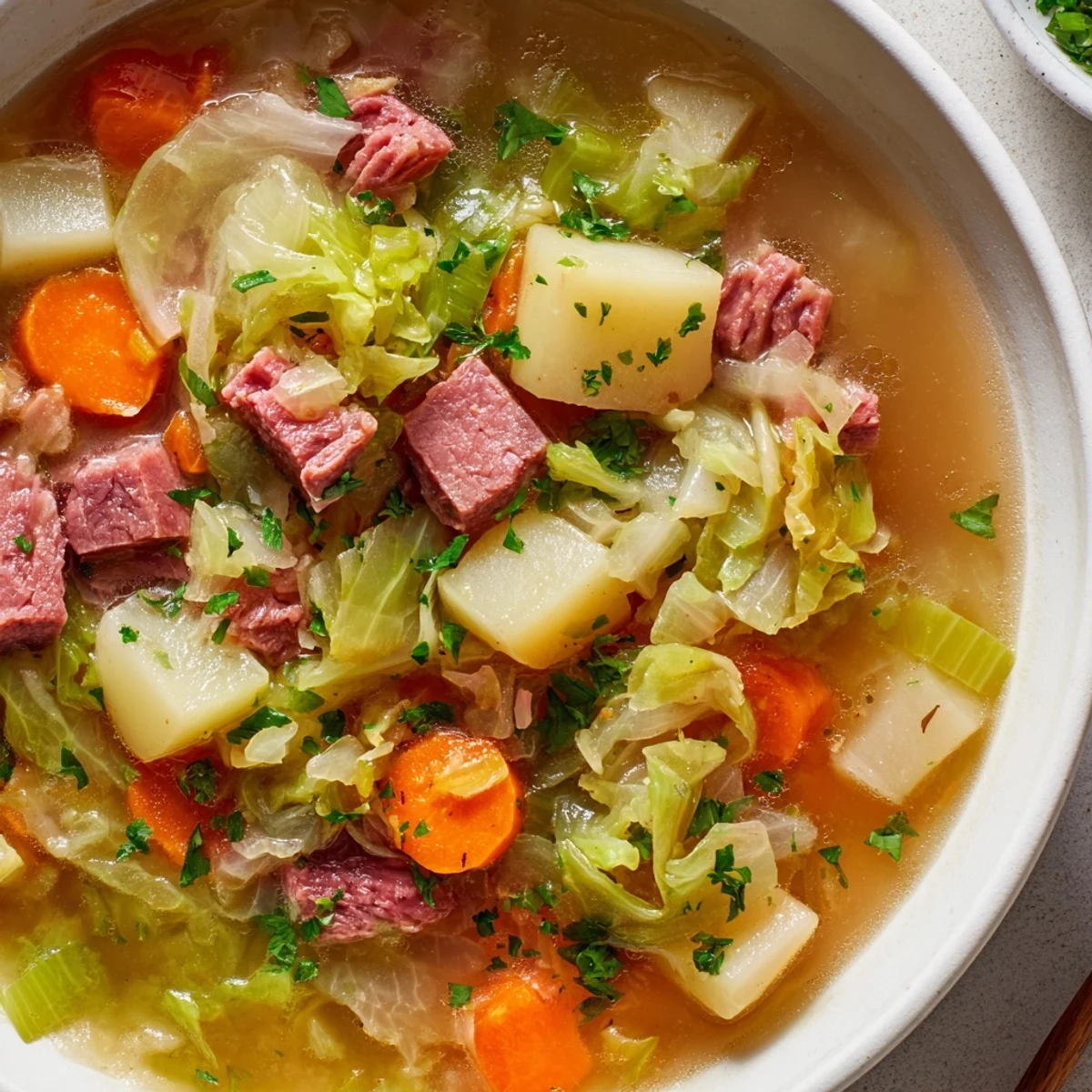 Close-up of Corned Beef and Cabbage Soup with Potatoes in a rustic bowl, aromatic herbs, colorful vegetables glistening.