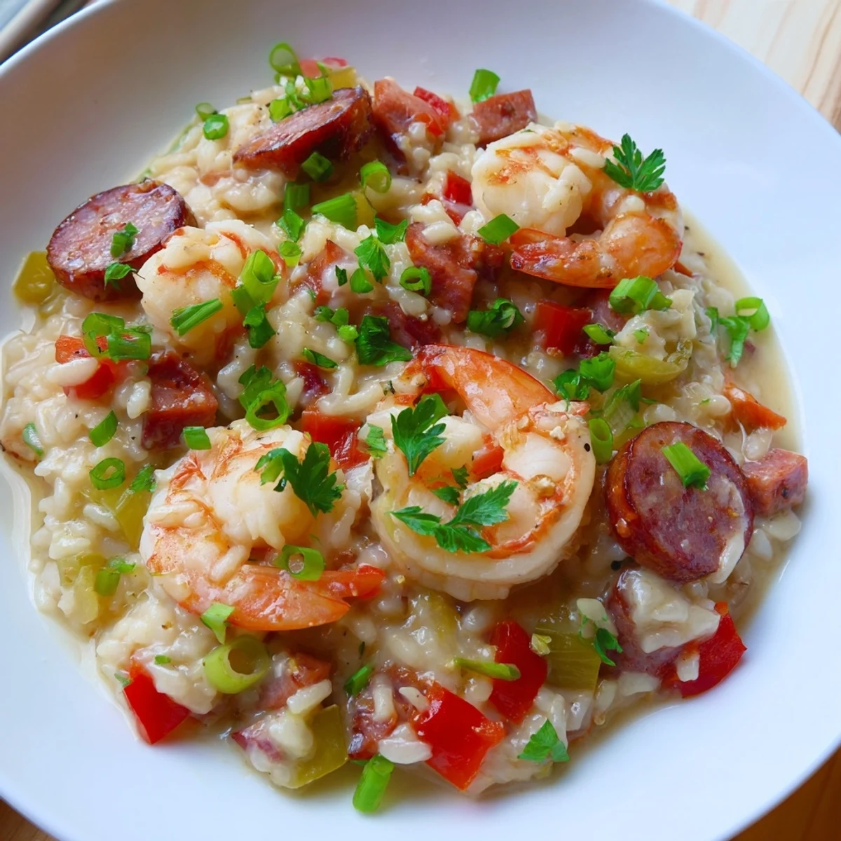 Creamy Creole Jambalaya Risotto with Shrimp steams in a skillet, blending spicy sausage and tender shrimp with Arborio rice.