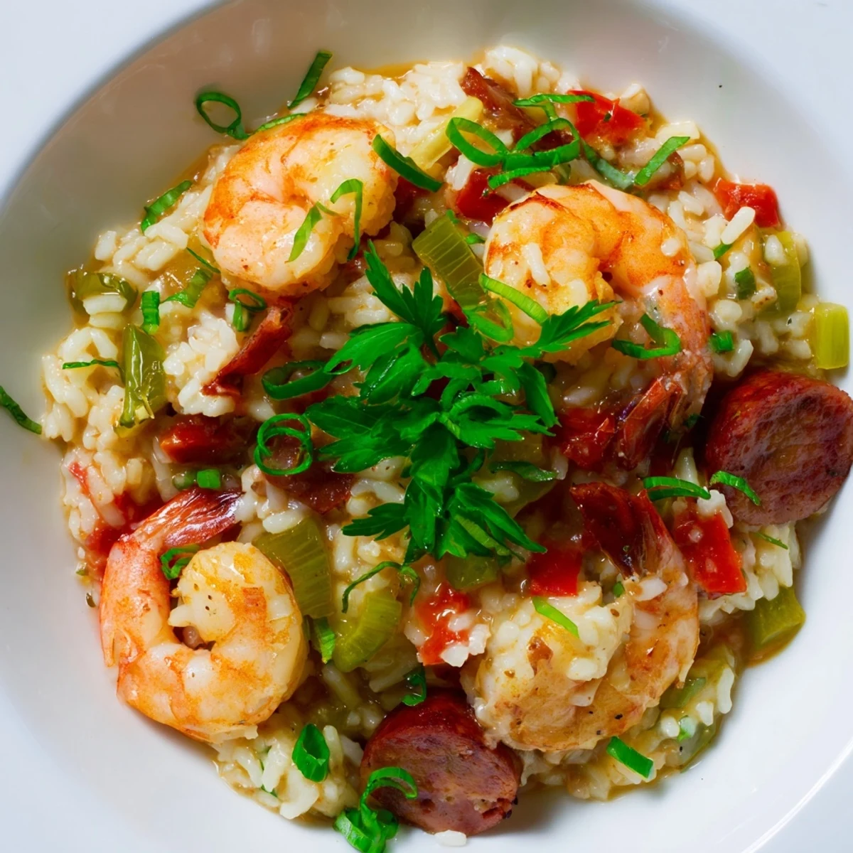 Colorful diced bell peppers, onions, and celery mingle in the savory Creole Jambalaya Risotto with Shrimp for a vibrant bowl.