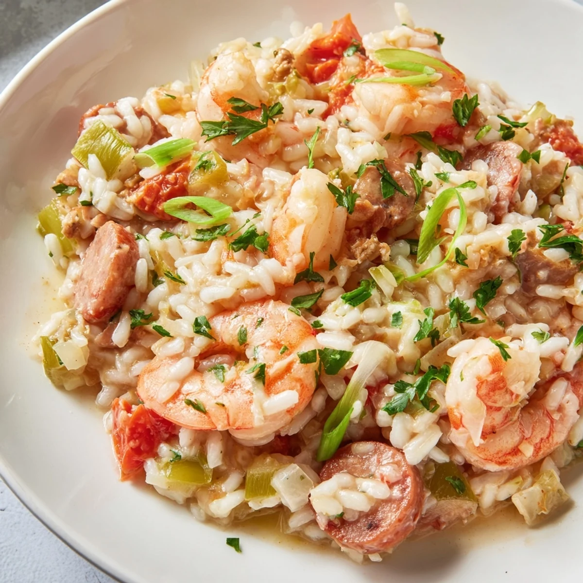 Garnished with fresh parsley and spring onions, this hearty Creole Jambalaya Risotto with Shrimp pairs perfectly with crisp white wine.