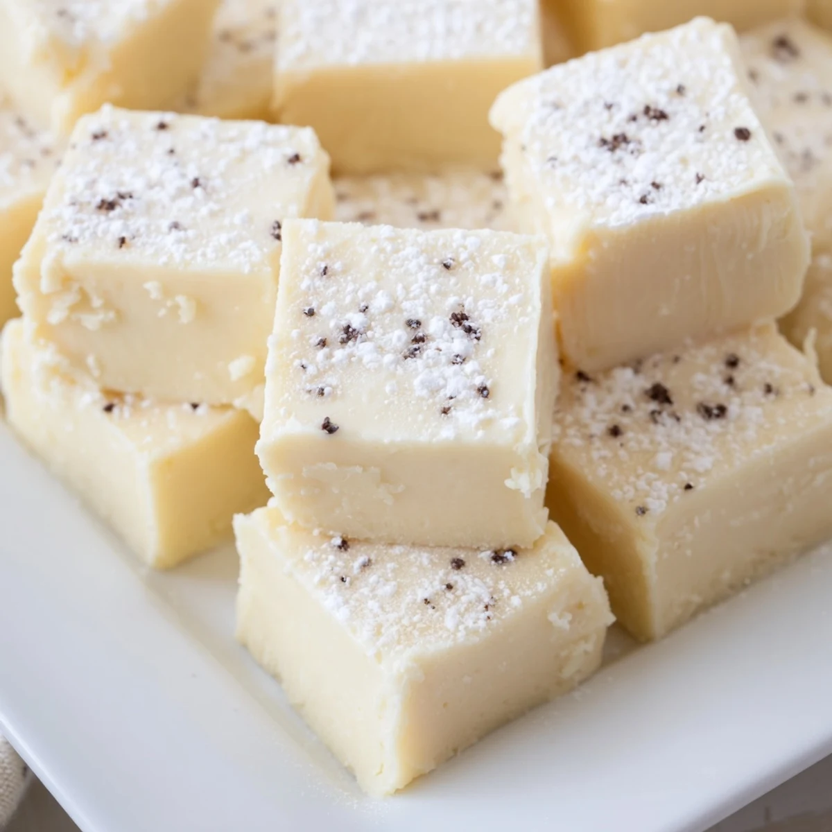 Creamy Irish Cream Fudge without Alcohol squares cut and ready to serve on a white plate.  