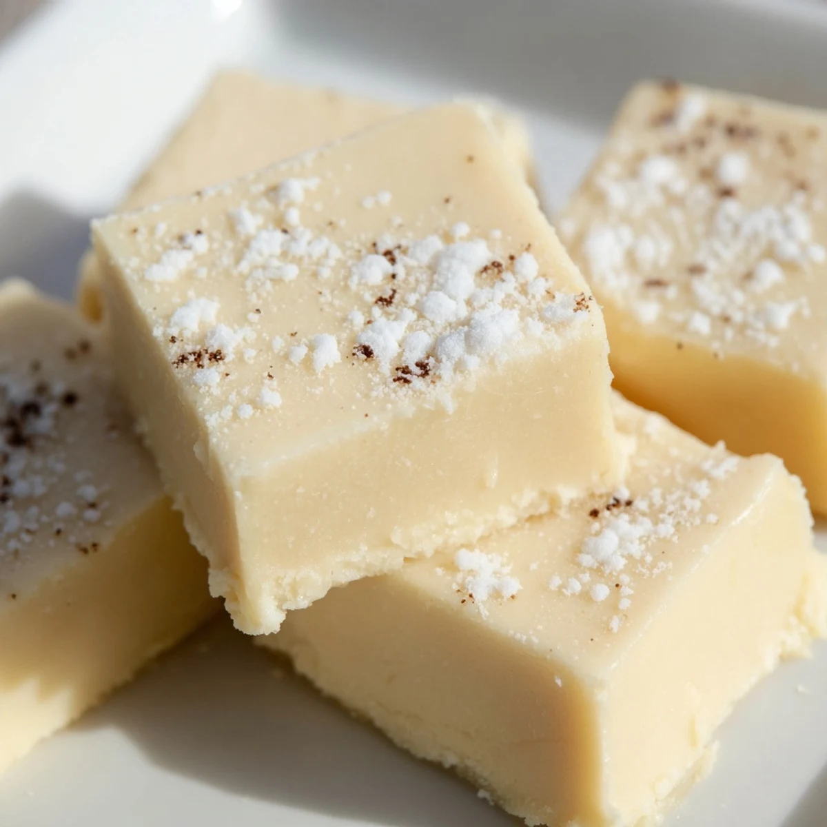 Homemade Irish Cream Fudge without Alcohol glistens under warm light, perfect for gifting or parties.