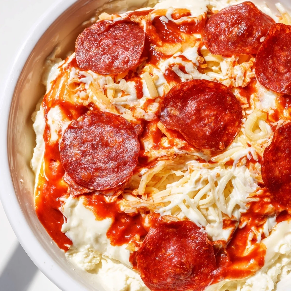 A close-up of golden, bubbling Pepperoni Pizza Dip in a rustic dish, topped with beef pepperoni and melted mozzarella, served with warm breadsticks.  