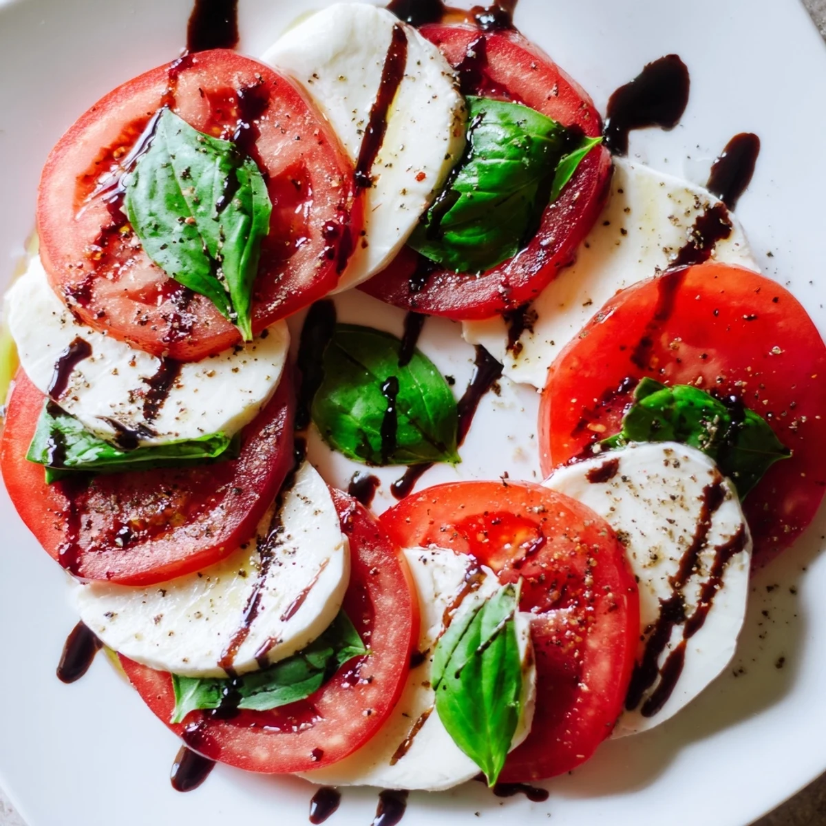 Heart-shaped mozzarella and ripe tomato slices layered with fresh basil, drizzled with homemade balsamic glaze on a platter.