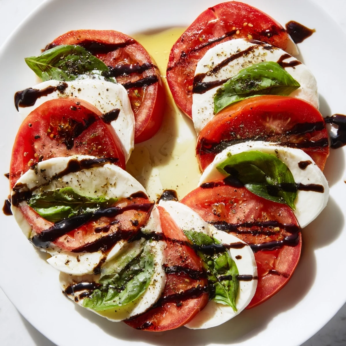 An elegant Heart Caprese Salad with Balsamic Glaze, featuring heart-cut tomatoes and mozzarella, garnished with basil and glaze.