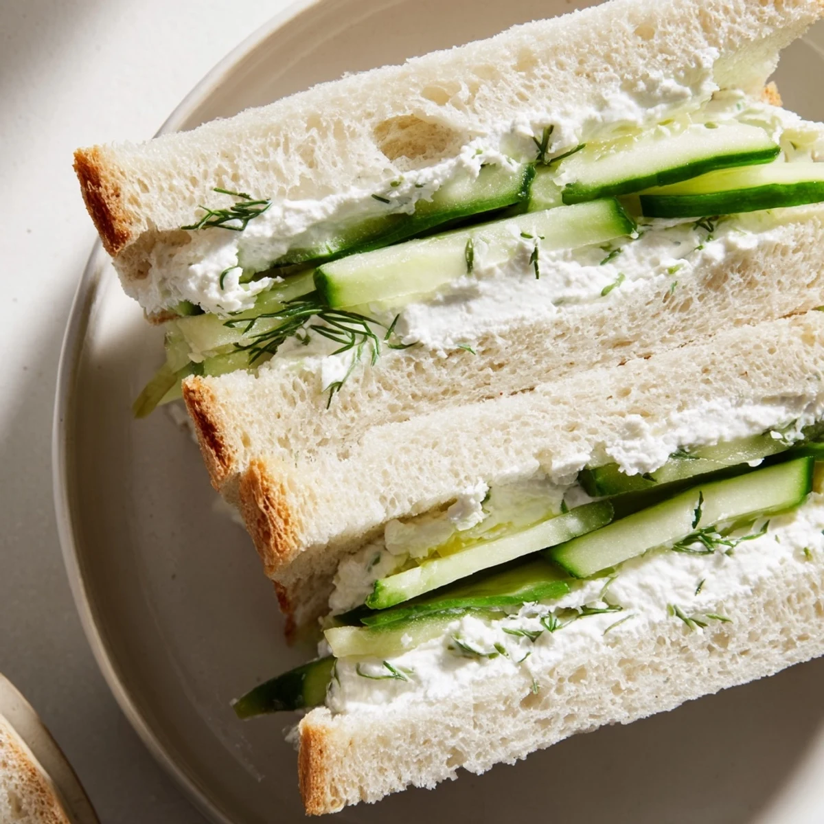 Freshly made cucumber sandwiches with herb cream cheese spread on soft white bread, garnished with dill.