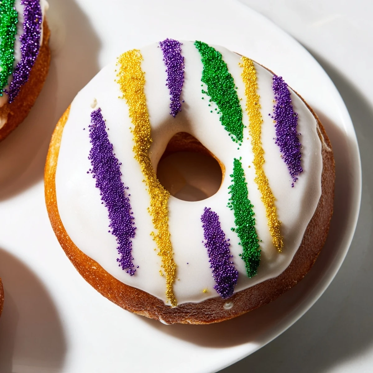 Golden-brown, fluffy Mardi Gras Donuts glistening with shiny icing, topped with a festive mix of purple, green, and gold sparkling sugars.  