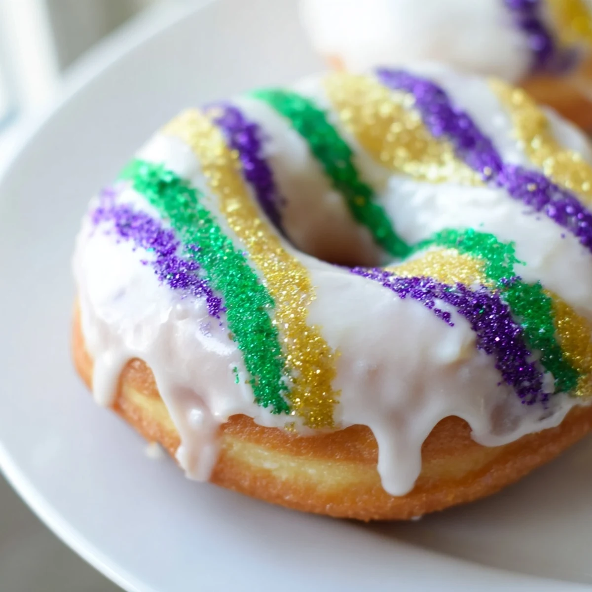 Warm Mardi Gras Donuts ready to serve, drizzled with vanilla icing and sprinkled with cheerful purple, green, and gold sugars.