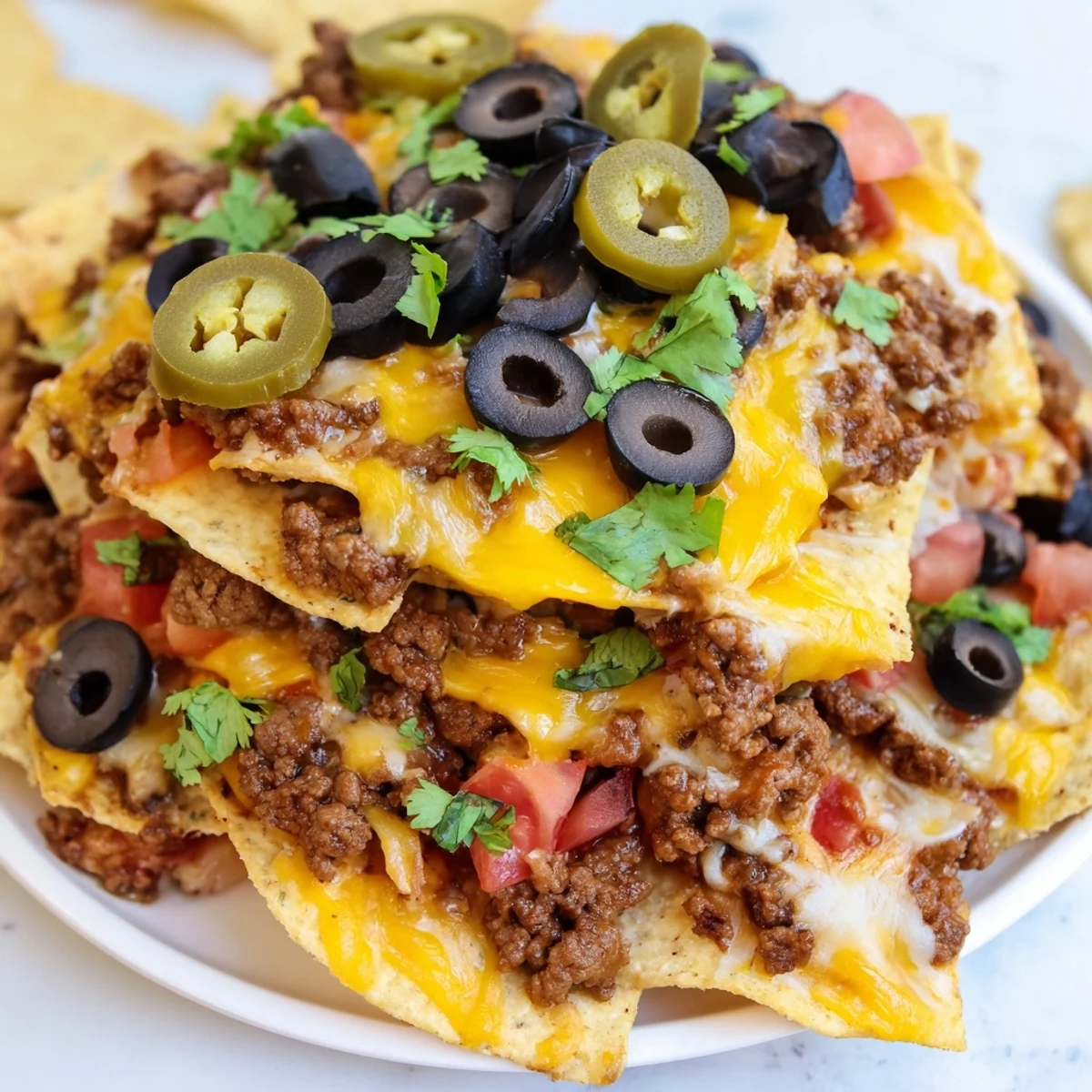 A close-up of a loaded Nacho Platter with Ground Beef and Cheese, showcasing melted cheese bubbling over crispy tortilla chips and seasoned beef. 