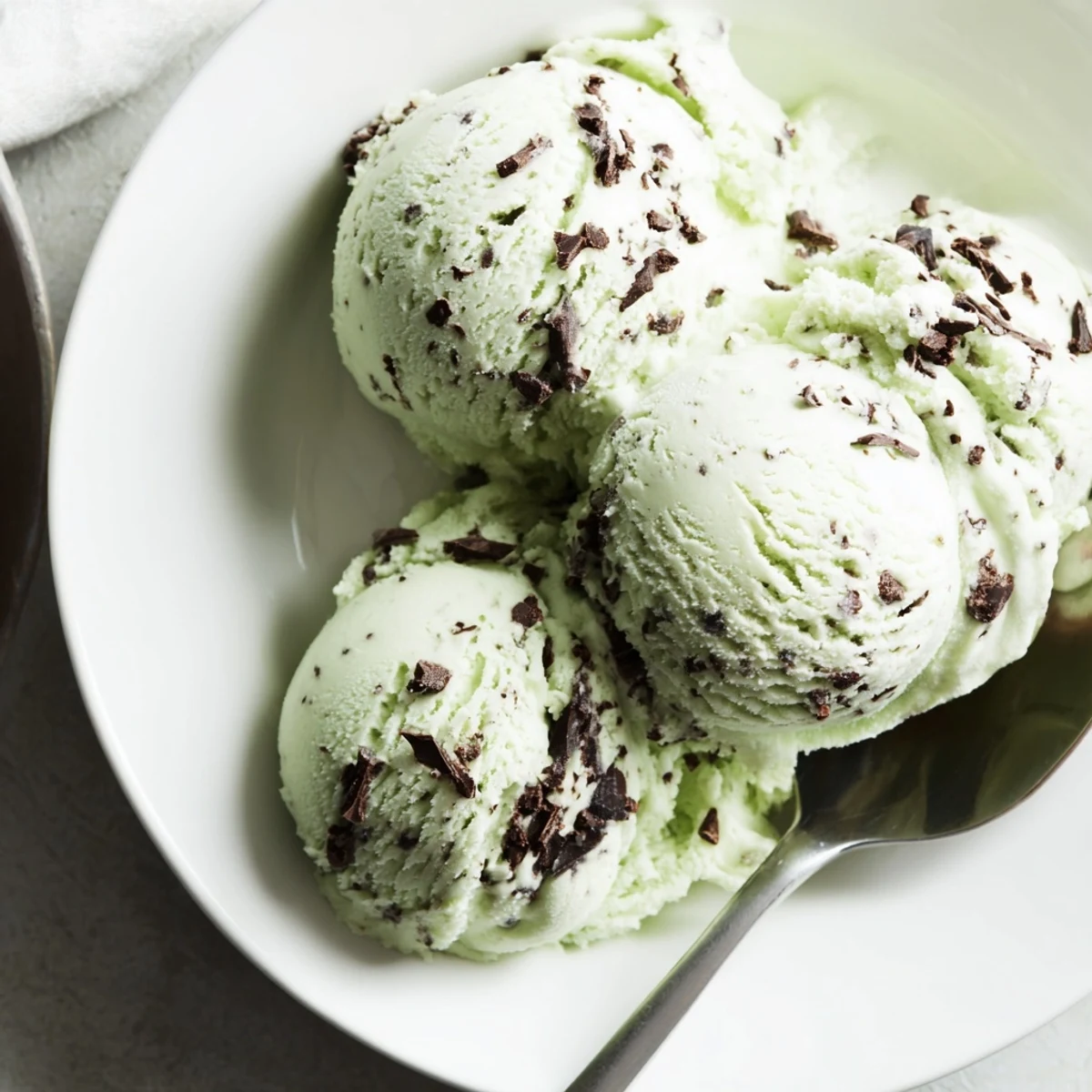 Creamy mint chocolate chip ice cream in a vintage dish, with green specks and chocolate shards melting slightly.  