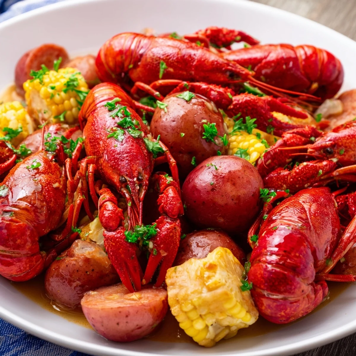 A steaming pot of Louisiana Style Crawfish Boil, featuring bright red crawfish, golden corn, andouille sausage, and tender potatoes in a spicy broth.