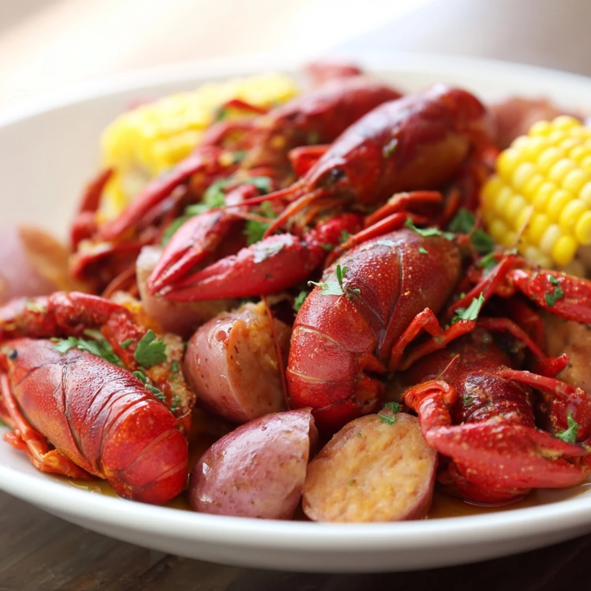 Cajun-style crawfish boil served on a platter with lemons, butter, and parsley, perfect for a festive Southern gathering.