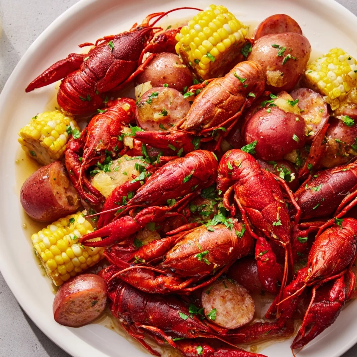 Close-up of a ladle lifting crawfish, potatoes, and corn from a fragrant Louisiana-style boil, highlighting the vibrant colors and spices.