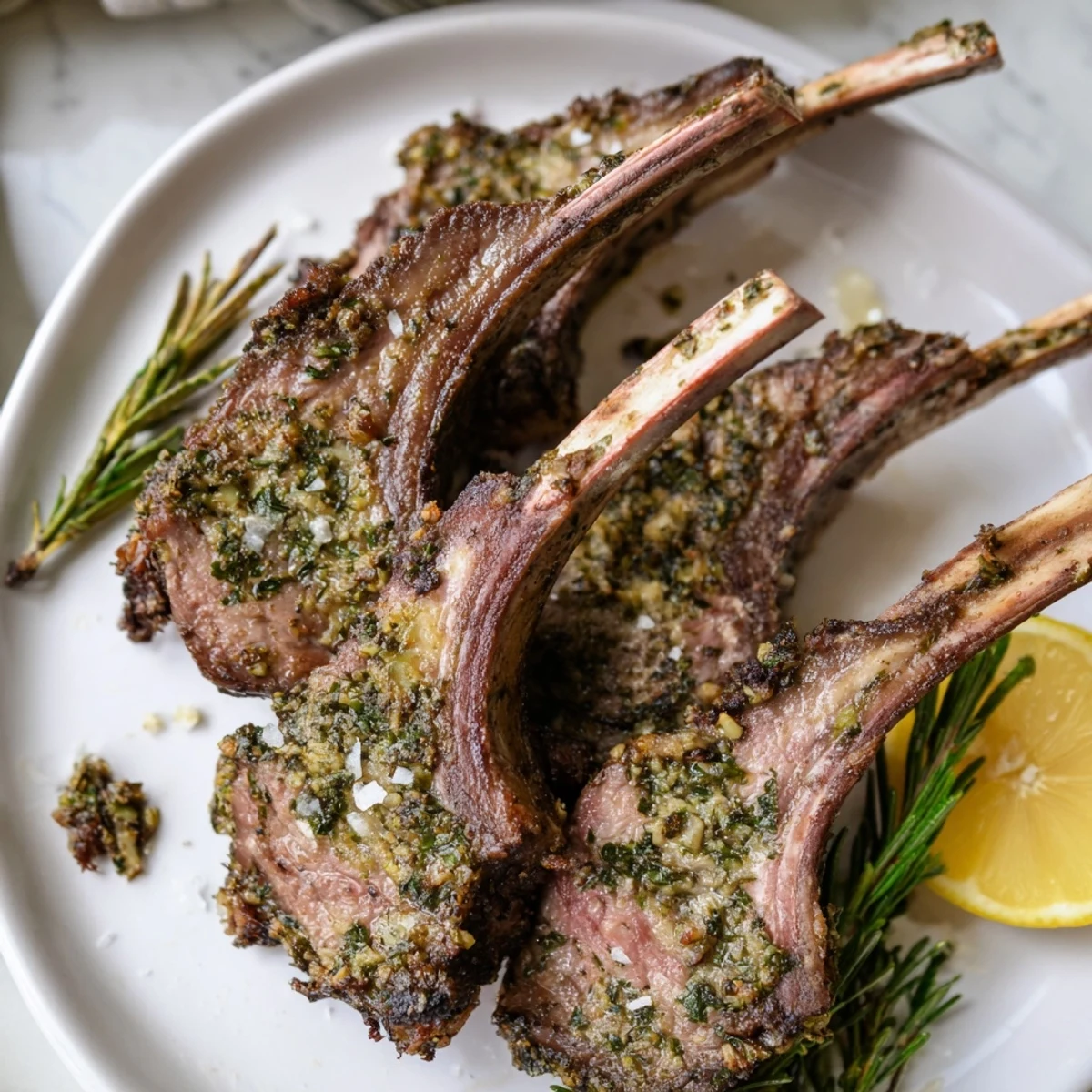 A close-up of golden-brown roasted rack of lamb, glistening with rosemary and thyme herbs, ready to be sliced for a elegant main course.