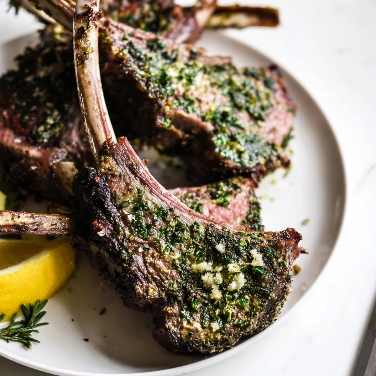 A succulent roasted rack of lamb with herb crust, rested and sliced into individual chops, highlighting the tender pink meat and crispy fat.